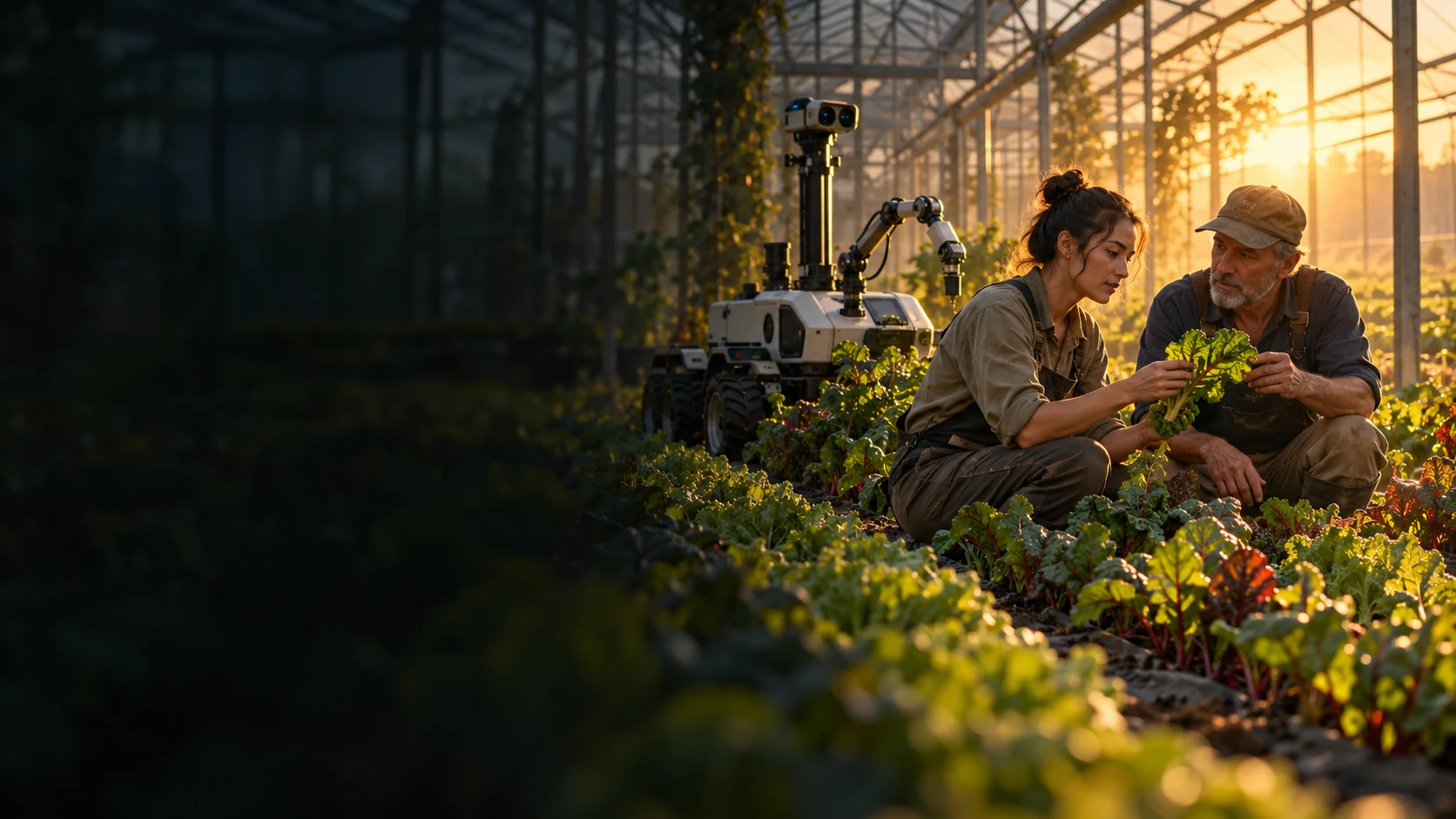 Illustrative scene of two growers examining produce beside an agricultural robot in a sunlit greenhouse.