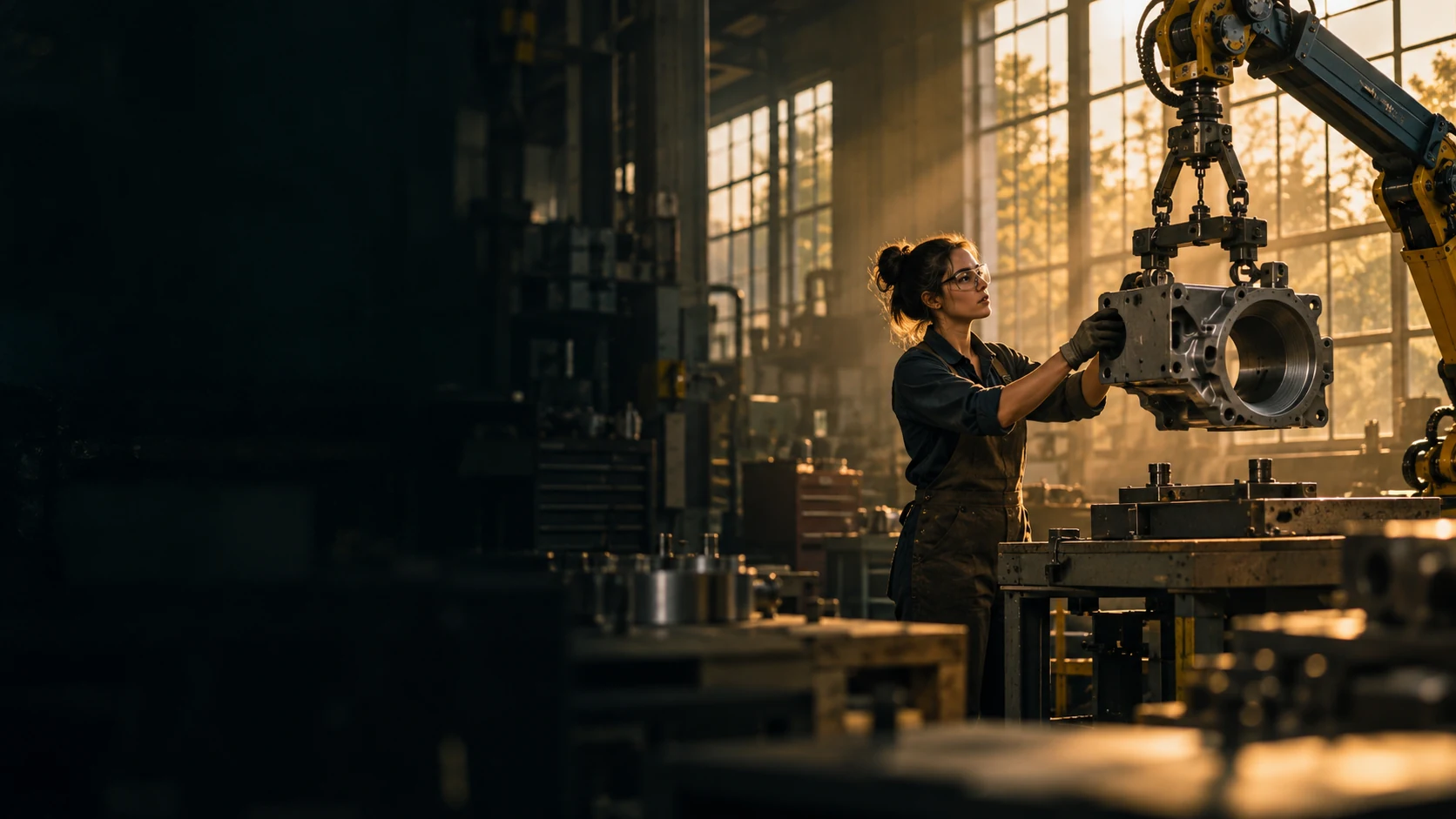 Illustrative scene of a skilled technician inspecting a metal component supported by a robotic arm in a workshop.